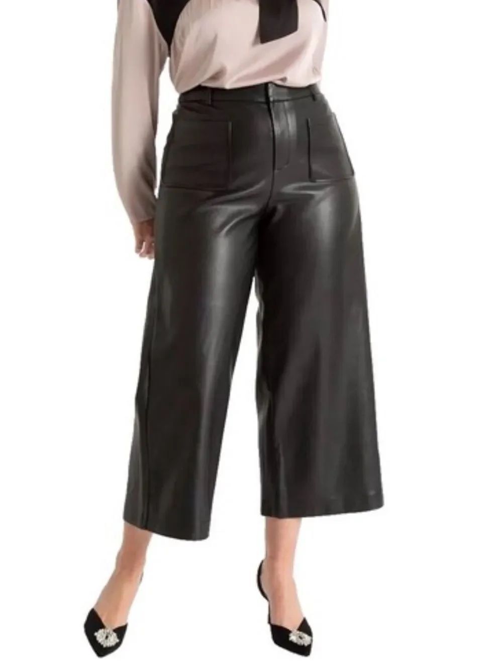 Zara Faux Leather 90s High Rise Wide Leg Black Pants Women’s 10